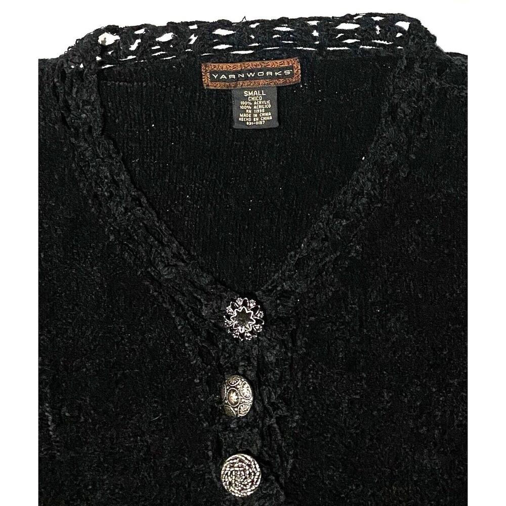 Yarn Works Whimsigoth Black Chenille Lace Trim Button Up Plush Grunge Sweater S